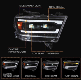 VLAND volledige LED-koplampen voor 2019-2024 RAM 1500 Zijmarkeringsstijl: Amberreflector