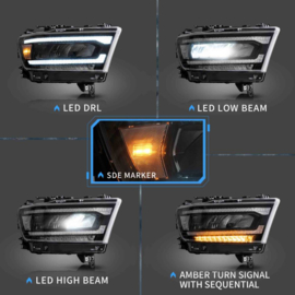 VLAND Full LED-koplampen voor RAM 1500 2019-2024 Zijmarkeringsstijl: Heldere reflector