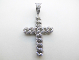 Zilveren schakel kruis hanger met zirkonia steentjes.