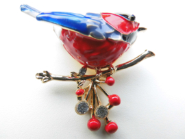 Broche rood/blauwe vogel.