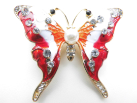 Broche rood-wit-oranje vlinder met synth. parel.