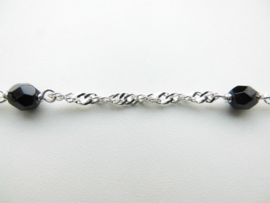 Zilveren zwarte kralen singapore ketting. (50 cm)