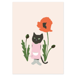 postcard | Cat and poppy (pink)