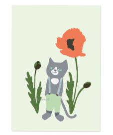 postkaart | Kat en klaproos - grijs