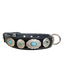 Zwarte Lederen Halsband met turquoise stenen M