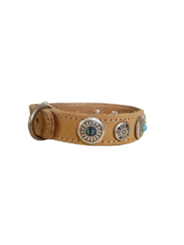 Licht Cognac lederen Halsband  met turquoise stenen XS