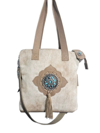 Almond Koeienhuid Shopper met Turquoise stenen