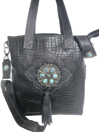 Elisa zwarte lederen Caiman Shopper met Turquoise stenen