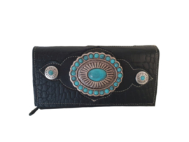 Zwart Lederen Croco portemonnee London met turquoise steen