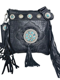 Zwart lederen croco Dewi met franjes en turquoise steen (Custom made)