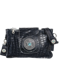 Zwarte lederen Caiman Shiva double bag met turquoise steen