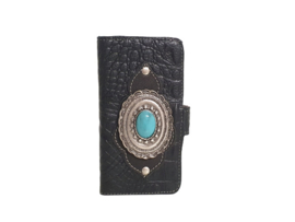 iPhone X/Xs Lederen Zwarte Croco hoesje met turquoise steen