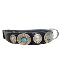 Zwarte lederen halsband met turquoise stenen XL