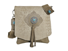 Beige Lederen Croco Pooja met turquoise steen