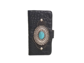 iPhone 14 Pro Max Zwarte Lederen croco hoesje met  turquoise steen