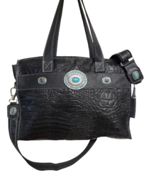 Zwart lederen croco Carmen shopper met turquoise stenen