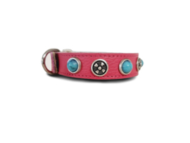 Bubblegum Pink lederen Halsband met turquoise stenen XXS