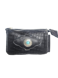 Zwart lederen caiman portemonneetje Bombay met turquoise steen
