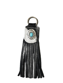 Zwarte Koeienhuid Sleutelhanger met franjes en een turquoise steen