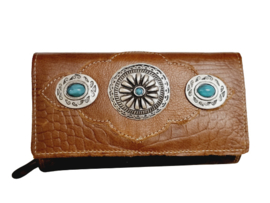 Lederen cognac croco portemonnee London met turquoise steen