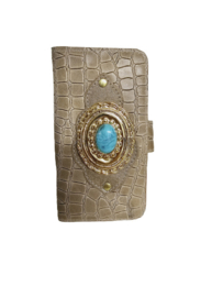 iPhone 12 Pro Beige lederen caiman hoesje met een turquoise steen (Gold Limited Edition)