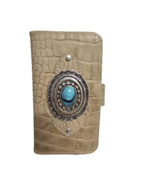 Samsung 21 Beige lederen croco hoesje met een turquoise steen