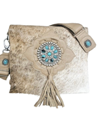 Pale Taupe Koeienhuid tas Ganesha met turquoise steen