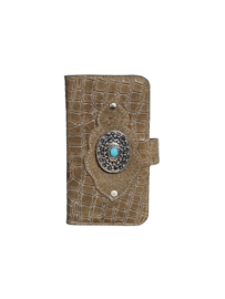 iPhone 14 Beige lederen caiman hoesje met een turquoise steen