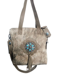 Donkey Brown Koeienhuid Shopper met Turquoise stenen