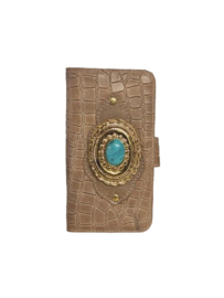 iPhone 12/12 pro Beige lederen caiman hoesje met een turquoise steen (Limited gold edition)