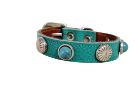 Turquoise lederen Halsband met turquoise stenen XXS