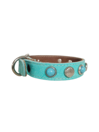 Turquoise lederen Halsband  met turquoise stenen XS