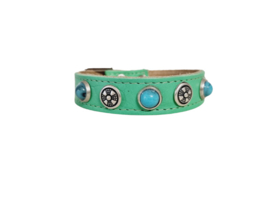 Groene lederen Halsband met turquoise stenen XXS