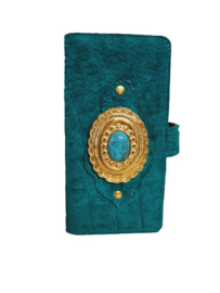 iPhone 14 Max Velvet Green lederen hoesje met een Turquoise steen (Limited Gold Edition)