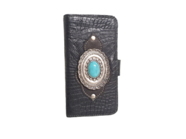 iPhone XR Lederen Zwarte croco hoesje met Turquoise steen