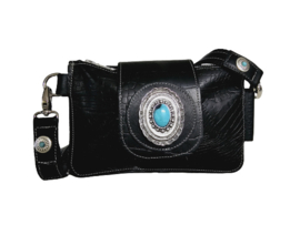 Zwart  lederen croco  Shiva double bag met turquoise steen