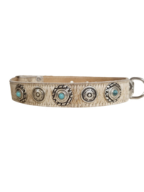 Licht Beige Koeienhuid Halsband met turquoise stenen L