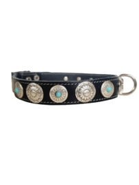 Zwarte lederen Halsband met turquoise stenen L