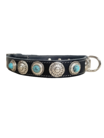 Zwart lederen Halsband met turquoise stenen L