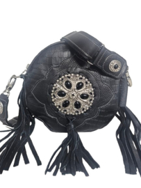 Zwart lederen Caiman tas Chakra met zwarte steen