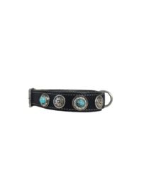 Zwarte Lederen Halsband met turquoise stenen M