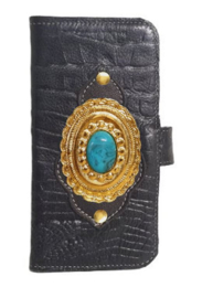 iPhone 11 Zwart lederen croco hoesje met een turquoise steen (Limited Gold Edition)