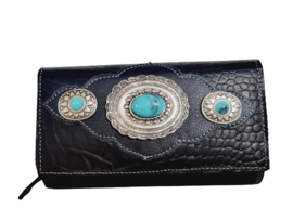 Zwart Lederen Croco portemonnee London met turquoise steen