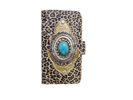 iPhone 7/8+ Leopard Gold hoesje met een turquoise steen
