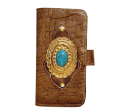 Samsung 22 Ultra Cognac lederen croco hoesje met een turquoise steen (Limited Gold Edition)