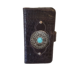 iPhone 13 mini Zwarte Lederen croco hoesje met  turquoise steen