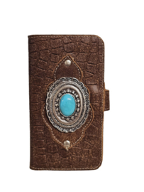 iPhone 13 Pro Vintage Cognac lederen caiman hoesje met een turquoise steen