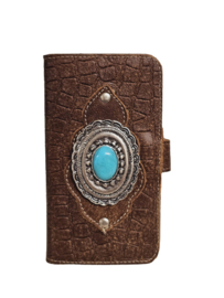 iPhone 15 Pro Vintage Cognac lederen caiman hoesje met een turquoise steen