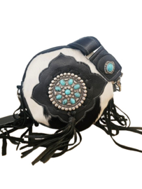 Zwart/Witte Koeienhuid tas Chakra met turquoise steen
