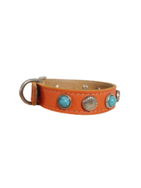 Oranje lederen Halsband  met turquoise stenen XS